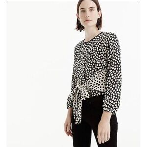 J.Crew 100% Silk Black Cream Pebble Print Tie Waist Wrap Long Sleeve Top Size 8